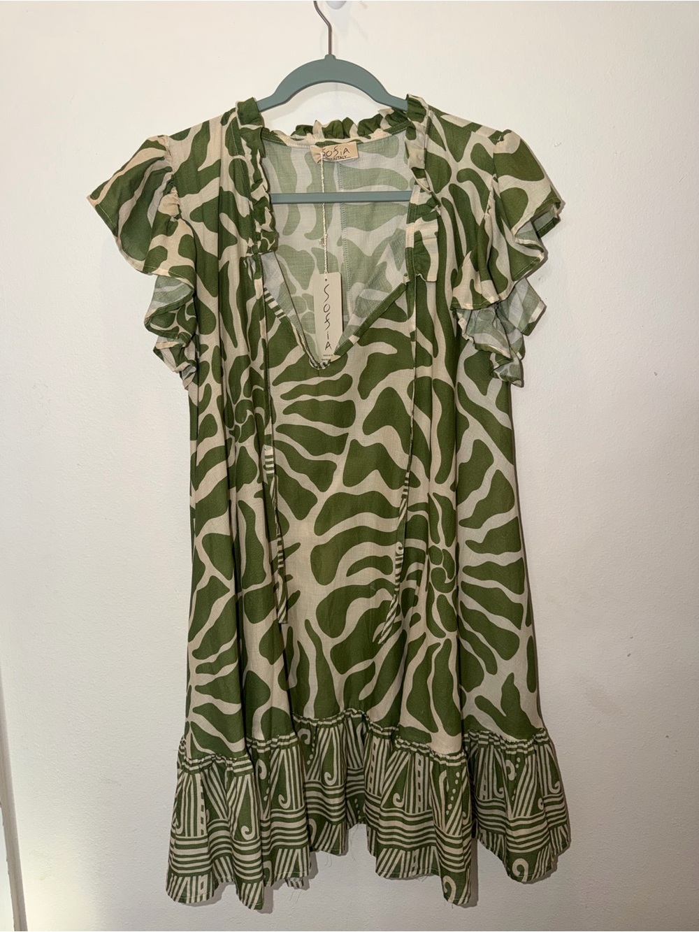 Soska Green & Cream Printed Ruffle Mini Dress